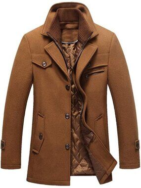 Men's Winter Wool Coats Slim Fit Single Breasted Trench Jacket Woolen Pea Coat